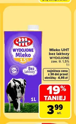 Mleko UHT bez laktozy Wydojone Mlekovita 1,5% promocja w Carrefour