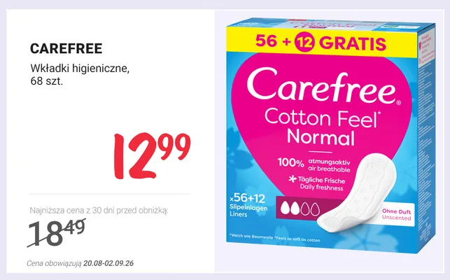 Wkładki higieniczne Carefree Cotton Feel Normal promocja w Rossmann