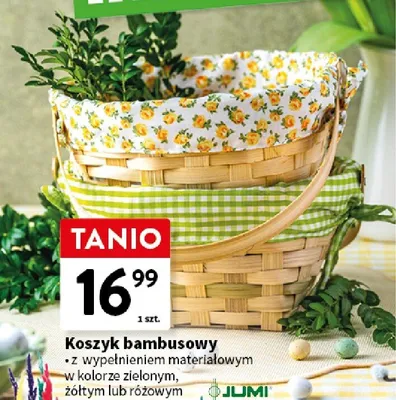 Koszyk bambusowy z wypełnieniem materiałowym w kolorze zielonym, żółtym lub różowym promocja w Intermarche