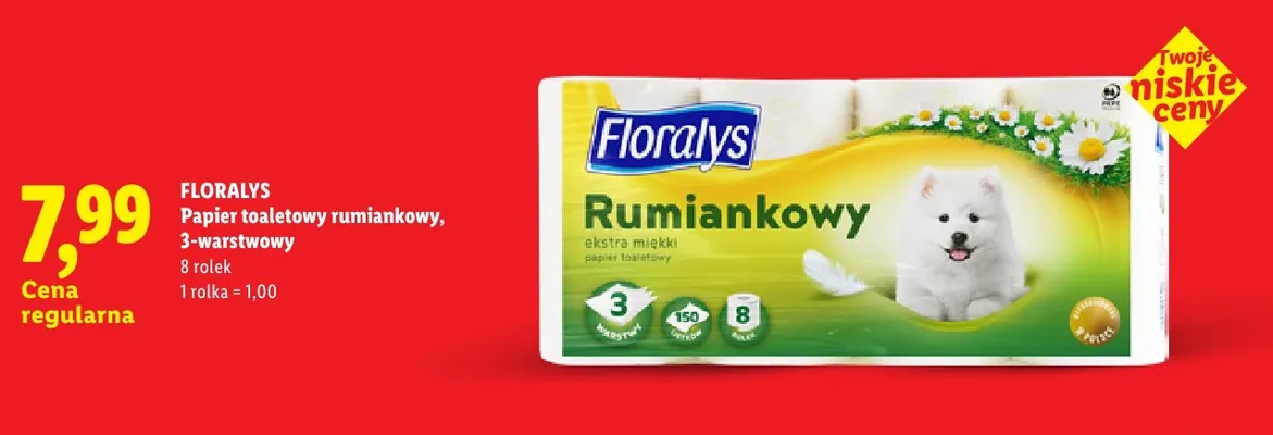 Papier toaletowy rumiankowy 3-warstwowy Floralys 8-pak promocja w Lidl