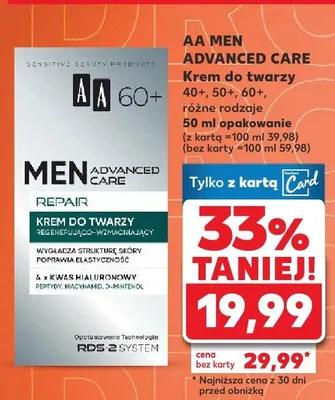 Krem do twarzy AA Men Advanced Care 40+, 50+, 60+ różne rodzaje promocja w Kaufland