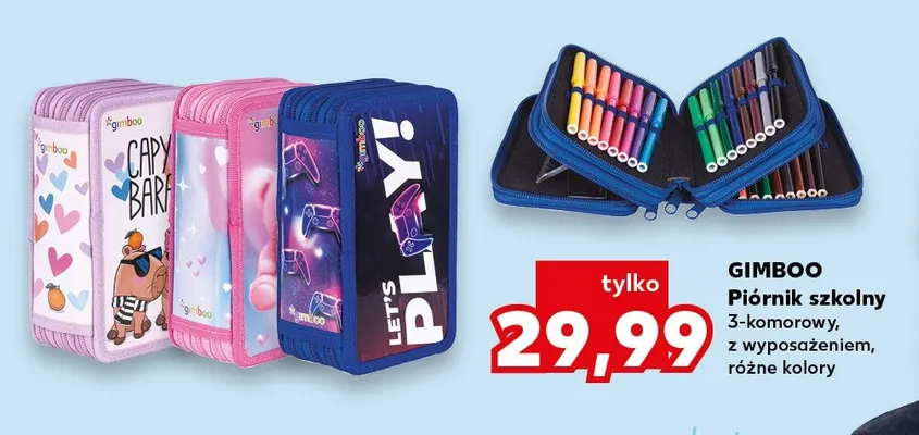 Piórnik szkolny 3-komorowy z wyposażeniem Gimboo promocja w Kaufland