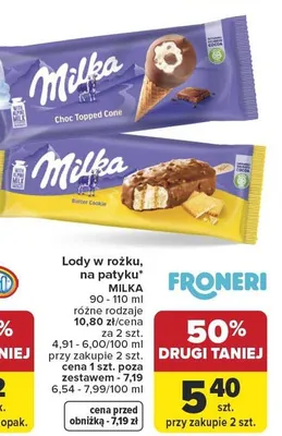 Lody w rożku na patyku Milka promocja w Carrefour Market
