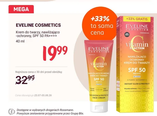 Krem do twarzy nawilżająco-ochronny Eveline Cosmetics Vitamin C 3x Action SPF 50 promocja w Rossmann