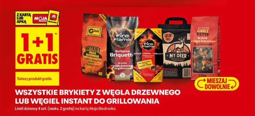 Brykiety z węgla drzewnego lub węgiel instant do grillowania promocja w Biedronka
