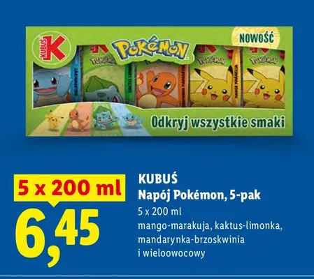 Napój Pokémon, 5-pak mango-marakuja, kaktus-limonka, mandarynka-brzoskwinia i wieloowocowy promocja w Lidl