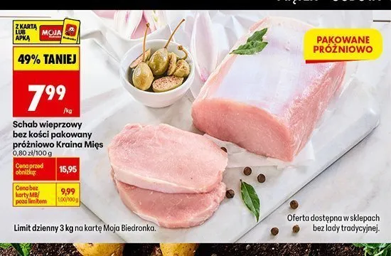 Schab wieprzowy bez kości pakowany próżniowo Kraina Mięs promocja w Biedronka