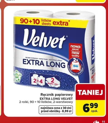 Ręcznik papierowy Velvet Extra Long 2-pak 90 + 10 listków 2-warstwowy promocja w Carrefour Market