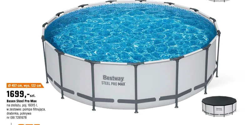 Basen Steel Pro Max na stelażu, poj. 16015 l, w zestawie: pompa filtrująca, drabinka, pokrywa promocja w OBI
