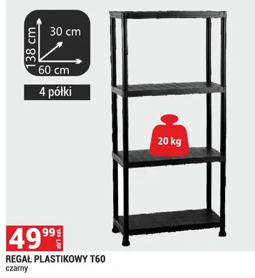 Regał plastikowy T60 czarny 138x60x30cm 4 półki promocja w Merkury Market