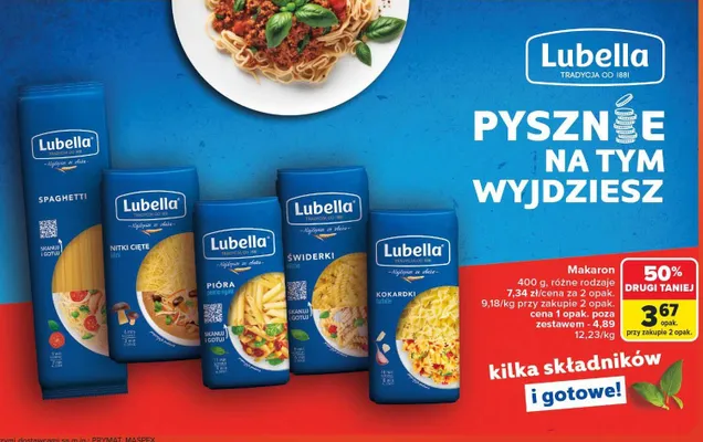 Makaron różne rodzaje spaghetti, nitki cięte, pióra, świderki, kokardki promocja w Carrefour Market