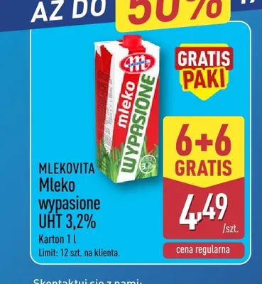 Mleko UHT wypasione Mlekovita 3,2% promocja w Aldi