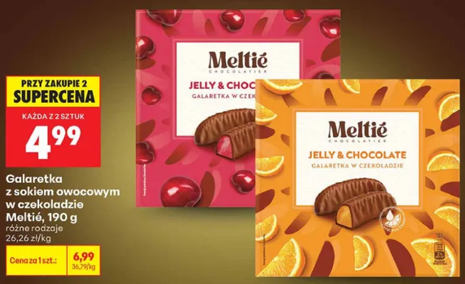 Galaretka z sokiem owocowym w czekoladzie pomarańczowa Meltié promocja w Biedronka