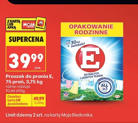Proszek do prania E do białych i jasnych tkanin 75 prań promocja w Biedronka