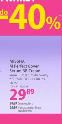 Krem BB z serum do twarzy z SPF50+ PA++++ no. 23 m Perfect Cover Serum BB Cream Missha promocja w Hebe