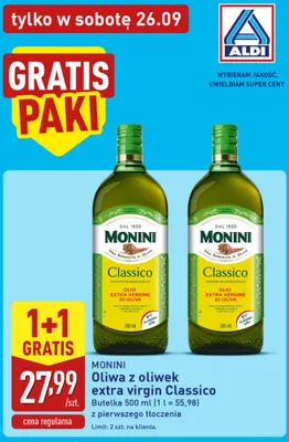 Oliwa z oliwek extra virgin Classico z pierwszego tłoczenia Monini promocja w Aldi