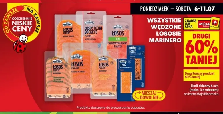 Łosoś plastry wędzony na zimno z pieprzem i sosem musztardowo-miodowym Marinero promocja w Biedronka