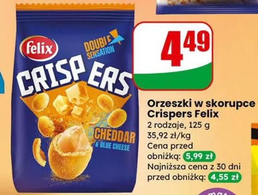Orzeszki w skorupce Crispers Felix cheddar & blue cheese promocja w Dino