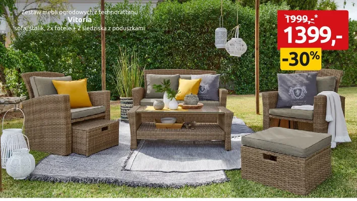 Zestaw mebli ogrodowych Vitoria sofa stolik 2x fotel 2x siedzisko z poduszkami promocja w Black Red White