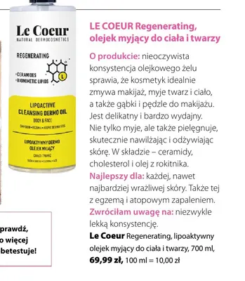 Lipoaktywny olejek myjący do ciała i twarzy Le Coeur Regenerating promocja w Hebe