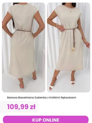 Sukienka bawełniana beżowa z krótkimi rękawkami ModnaKiecka.pl promocja w Modna Kiecka
