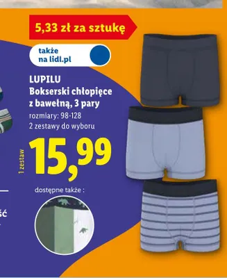 Bokserki chłopięce z bawełną Lupilu 3-pak promocja w Lidl