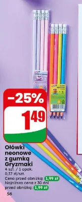 Ołówki neonowe z gumką Gryzmaki 4-pak promocja w Dino