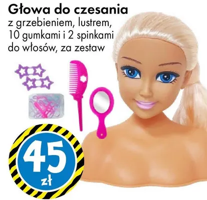 Głowa do czesania z grzebieniem, lustrem, 10 gumkami, 2 spinkami do włosów promocja w Tedi