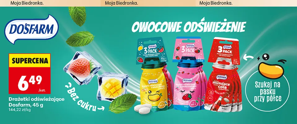 Drażetki odświeżające o smaku truskawki i mięty Dosfarm 3-pak promocja w Biedronka