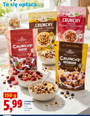 Musli prażone Crunchy z owocami truskawka żurawina wiśnia Crownfield promocja w Lidl