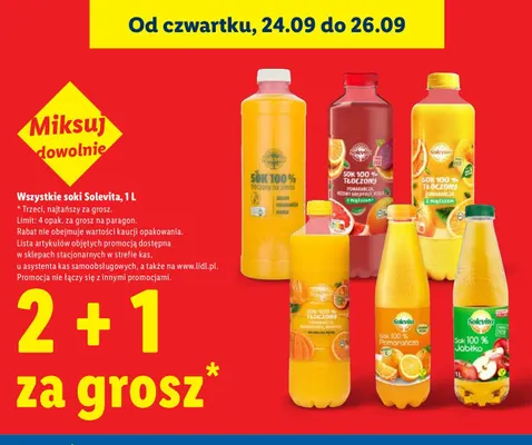 Sok pomarańcza różowy grejpfrut pitaja z miąższem Solevita promocja w Lidl