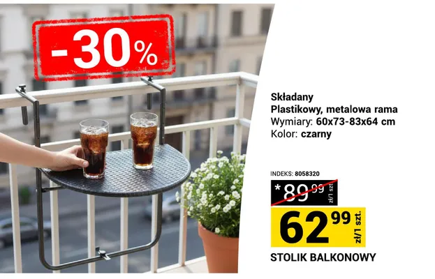 Stolik balkonowy składany plastikowy metalowa rama 60x73-83x64cm czarny promocja w Merkury Market
