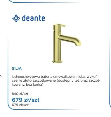Bateria umywalkowa Deante Silia złoto szczotkowane promocja w Blu Salony Łazienek