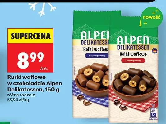 Rurki waflowe w czekoladzie Alpen Delikatessen, 150 g różne rodzaje promocja w Biedronka