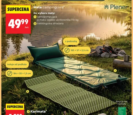 Mata campingowa samopompująca Plener o maks. wadze użytkownika 110kg z poduszką 183x57x2,5cm promocja w Biedronka