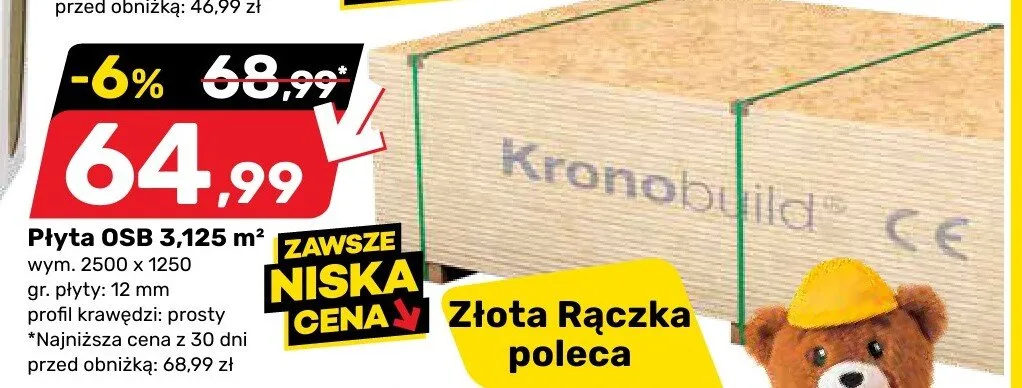 Płyta OSB Kronobuild 3,125 m2 wym. 2500x1250 gr. płyty: 12mm promocja w Bricomarche