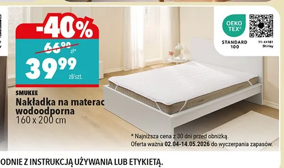 Nakładka na materac wodoodporna Smukee 160x200cm promocja w Biedronka