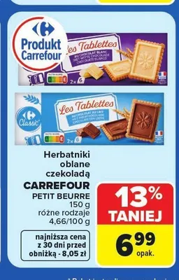 Herbatniki Petit Beurre w czekoladzie mlecznej Carrefour Classic promocja w Carrefour