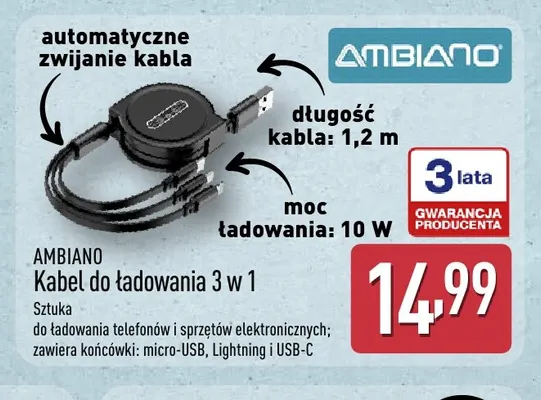 Kabel do ładowania 3 w 1 Ambiano promocja w Aldi
