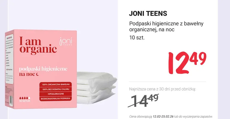 Podpaski higieniczne z bawełny organicznej, na noc promocja w Rossmann