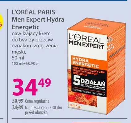 Nawilżający krem do twarzy przeciw oznakom zmęczenia męski L'ORÉAL PARIS Men Expert Hydra Energetic promocja w Hebe