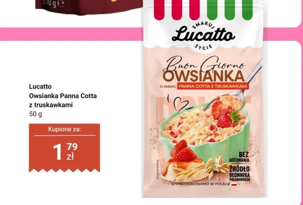 Owsianka Lucatto Panna Cotta z truskawkami promocja w Dino