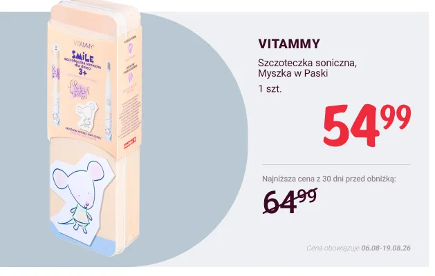 Szczoteczka soniczna dla dzieci Vitammy Smile Myszka w Paski promocja w Rossmann