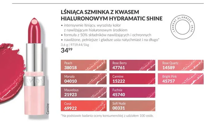 Lśniąca szminka z kwasem hialuronowym Hydramatic Shine Avon promocja w AVON