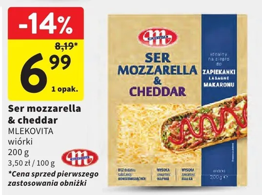 Ser mozzarella & cheddar Mlekovita wiórki promocja w Intermarche