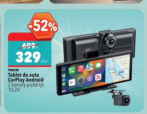 Tablet do auta TRACER CarPlay Android 2 kamery przód-tył 10,26" promocja w Biedronka
