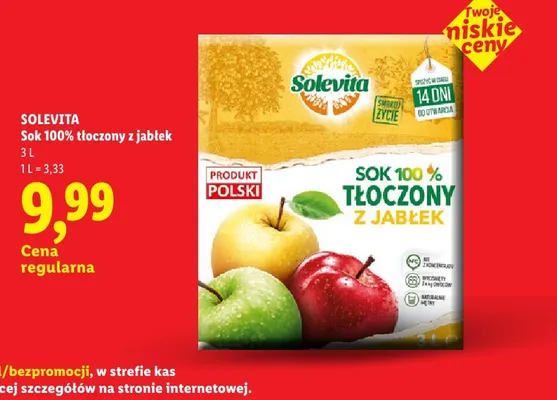 Sok 100% tłoczony z jabłek Solevita promocja w Lidl