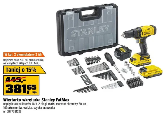 Wiertarko-wkrętarka napięcie akumulatorów 18 V, 2 biegi, maks. moment obrotowy 50 Nm, 100 akcesoriów, walizka, szybka ładowarka promocja w OBI