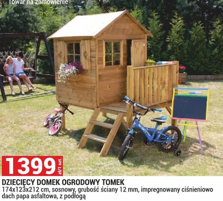 Dziecięcy domek ogrodowy Tomek 174x173x217 cm, sosnowy, grubość ściany 12 mm, impregnowany ciśnieniowo dach papa asfaltowa, z podłogą promocja w Merkury Market