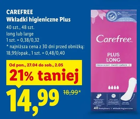 Wkładki higieniczne Plus long Carefree promocja w Lidl